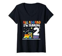 Mujer All Aboard Im Turning 2 2 Cumpleaños 2 años 2 años Camiseta Cuello V