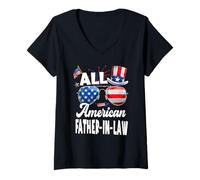 Mujer All American Father In Law USA Flag Sunglasses 4th of July Camiseta Cuello V