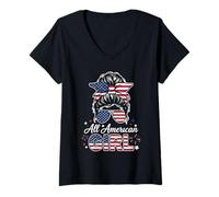 Mujer All American Girl Messy Bun USA Estilo patriótico Camiseta Cuello V