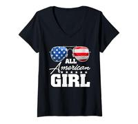 Mujer All American Girl USA Flag Sunglasses 4th of July Camiseta Cuello V