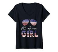 Mujer All American Girl USA Flag Sunglasses 4th of July Camiseta Cuello V