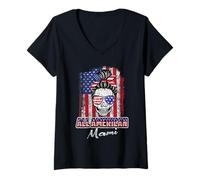 Mujer All American Mami Patriotic Messy Bun Skull USA 4th of July Camiseta Cuello V
