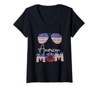 Mujer All American Mom Sunflower USA Flag Sunglasses 4th of July Camiseta Cuello V
