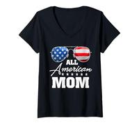 Mujer All American Mom USA Flag Sunglasses 4th of July Camiseta Cuello V