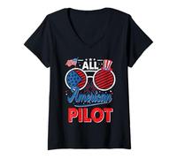Mujer All American Pilot American Flag Sunglasses 4th of July Camiseta Cuello V