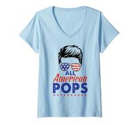 Mujer All American Pops Grandpa Sunglasses USA Flag 4th of July Camiseta Cuello V