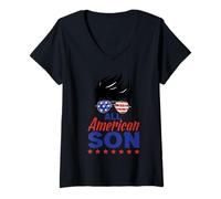 Mujer All American Son 4th of July Sunglasses USA Flag Camiseta Cuello V