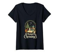 Mujer All Booked For Christmas Cozy Holiday Book Lover Graphic Camiseta Cuello V