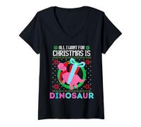 Mujer All I Want For Christmas Is A Dinosaur Fun Christmas Ugly Sweater Camiseta Cuello V