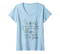 Mujer All Need I is Little bit of Coffee & Whole Lot of Jesus Mama Camiseta Cuello V