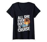 Mujer All She Ever Does Is Cruise, diseño retro de palmera puesta de sol Camiseta Cuello V