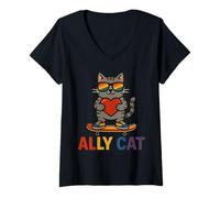 Mujer Ally Cat Pride Rainbow Flag LGBTQ Monopatín lindo gato Camiseta Cuello V