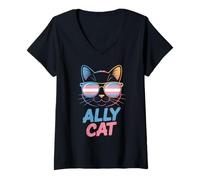 Mujer Ally Cat Transgénero Orgullo Felino Apoyo LGBTQ Humorístico Camiseta Cuello V