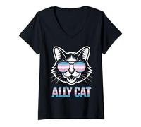 Mujer Ally Cat Transgénero Orgullo Felino Apoyo LGBTQ Humorístico Camiseta Cuello V