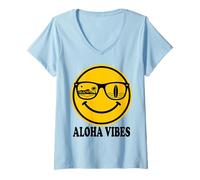 Mujer Aloha Beach Sonrisa Cara Hawaii Surf Océano Verano Isla Vibes Camiseta Cuello V