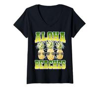Mujer Aloha Beaches Pineapple Hawaii - Gafas de Sol Hawaianas de los años 90 Camiseta Cuello V
