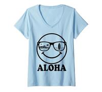 Mujer Aloha Happy Face Gafas de Sol Hawaii Surf Beach Vacation Camiseta Cuello V