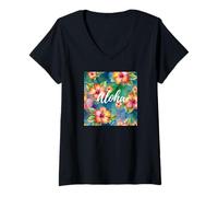 Mujer Aloha Hibiscus Flowers oahu maui Kauai Live pono Luna de Miel Camiseta Cuello V