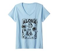 Mujer Aloha Hula Dancer Hibiscus Palm Trees Ukelele Retro Girl Art Camiseta Cuello V