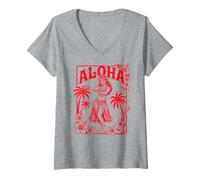 Mujer Aloha Hula Dancer Hibiscus Palm Trees Ukelele Retro Girl Art Camiseta Cuello V