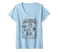Mujer Aloha Hula Dancer Hibiscus Palm Trees Ukelele Retro Girl Art Camiseta Cuello V