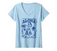 Mujer Aloha Hula Dancer Hibiscus Palm Trees Ukelele Retro Girl Art Camiseta Cuello V