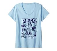 Mujer Aloha Hula Dancer Hibiscus Palm Trees Ukelele Retro Girl Art Camiseta Cuello V
