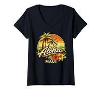Mujer Aloha Maui Tropical Sunset Palm & Hibiscus Island Vibes Camiseta Cuello V