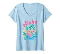 Mujer Aloha State of Mind Camisa tropical de hibisco con palmera Camiseta Cuello V