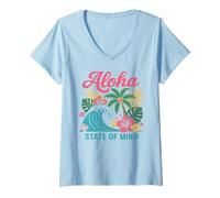 Mujer Aloha State of Mind Retro Wave Palmera Hawaii Beach Mujer Camiseta Cuello V