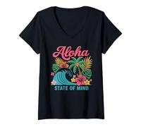 Mujer Aloha State of Mind Retro Wave Palmera Hawaii Beach Mujer Camiseta Cuello V