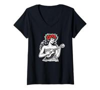 Mujer Aloha Ukelele Hula Haku Lei Hawaii Camiseta Cuello V