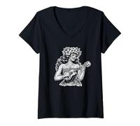 Mujer Aloha Ukelele Hula Haku Lei Hawaii Estilo Vintage Camiseta Cuello V