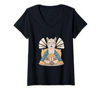 Mujer Alpaca Feliz con Palomitas de maíz Diseño de Animales Camiseta Cuello V