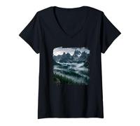 Mujer Alpine Peaks Misty Forest Valley Montaña Panorama Camiseta Cuello V