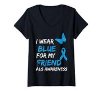 Mujer ALS Awareness I Wear Blue For My Friend Ribbon Camiseta Cuello V