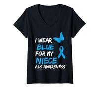 Mujer ALS Awareness I Wear Blue For My Niece Ribbon Camiseta Cuello V