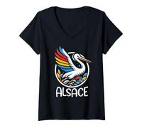 Mujer Alsacia Cigüeña Blanca Colorida Región Cultural Francesa Camiseta Cuello V