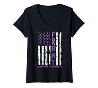 Mujer Alzheimer's Awareness Month Day USA Flag Ribbon Purple Camiseta Cuello V