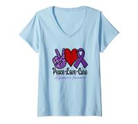 Mujer Alzheimer's Peace Love Cure signo de paz corazón cinta púrpura Camiseta Cuello V