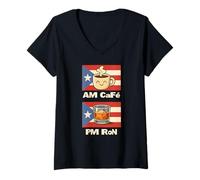 Mujer Am Café PM Ron Humor Puertorriqueño Café & Ron Estilo de Vida Camiseta Cuello V