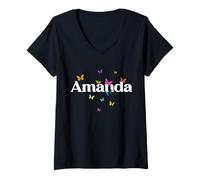 Mujer Amanda - Hermoso Nombre de niña con Mariposas Coloridas Camiseta Cuello V