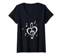 Mujer Amante de la Música Clave de Sol Corazón Notas Músico Camiseta Cuello V