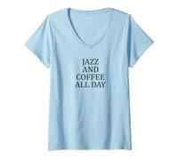 Mujer Amante de la música de Jazz y café Todo el día Camiseta Cuello V