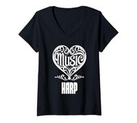 Mujer Amante de la música Elegante corazón desplazado para fanáticos del Arpa Camiseta Cuello V