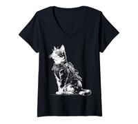 Mujer Amante de los Gatos Motivo Animal Samurai Divertido Camiseta Cuello V