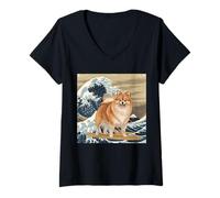 Mujer Amante de los Perros pomeranios, japoneses, Kanagawa, surfeando Olas Camiseta Cuello V