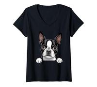 Mujer Amante del Boston Terrier, Divertido, Que mira al Ojo, con Bolsillo, Cachorro Camiseta Cuello V