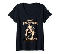 Mujer Amante del café Pinup Retro de los años 50 con Texto «I Don't Rise and Shine» Camiseta Cuello V
