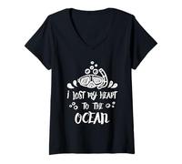 Mujer Amante del mar Buceo Cita Perdido Mi Corazón Divertido Arte de Buceo Camiseta Cuello V